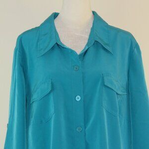 Susan Graver Teal 3/4-Adjustable-Sleeve Button-Up Dress Blouse Size XL (C1674)